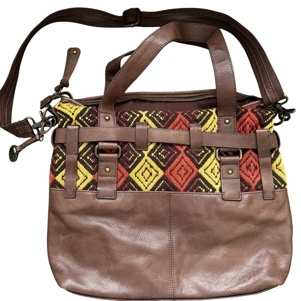 Audrey Brooke Leather Woven Bag Shoulder Bag Crossbody Brown Red Yellow‎ Tribal